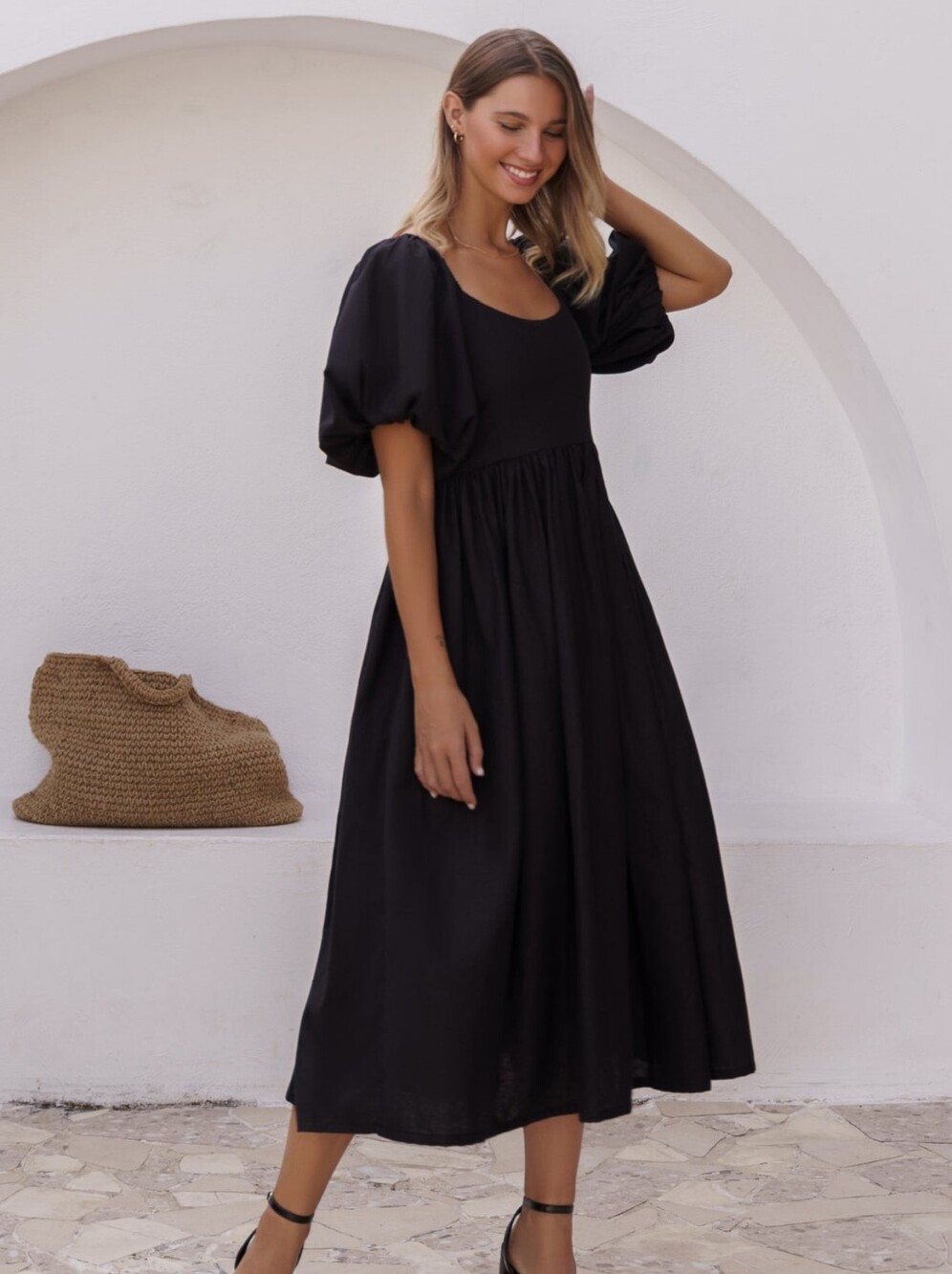 Bali ELF Handmade Linen Cherie Puff Sleeve Midi Dress, S, Like New, Euro Summer
